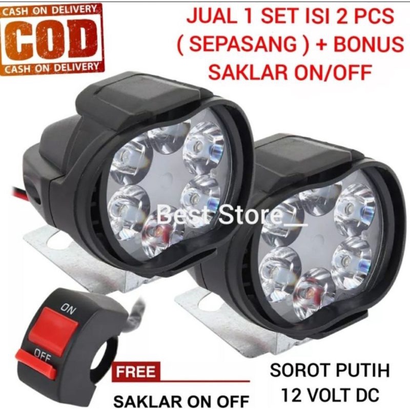 Sepasang Lampu Tembak Sorot 6 Mata LED Spion Motor 6 Watt 12Volt + bonus saklar on of stang