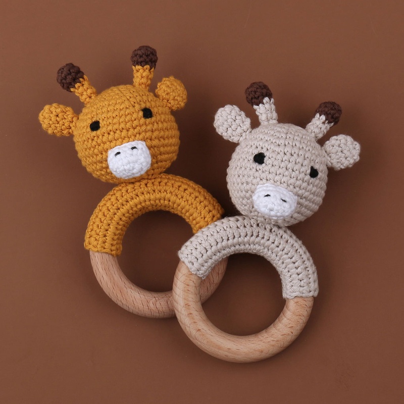 Mary 1PC Mainan Rattle Teether Bayi Bentuk Kartun Hewan Bahan Kayu Crochet DIY