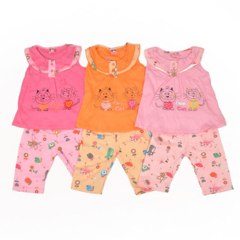 Setelan baju anak perempuan 1 tahun motif love cat (sr.146) free tas warna orange fanta pink