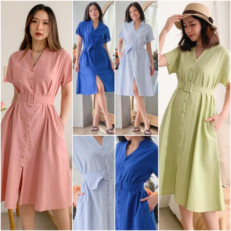 ♡ PREMIUM ♡ ORIGINAL ! VIOLA V-NECK CRINKLE FLOWERY BUTTON MIDI DRESS WITH BELT