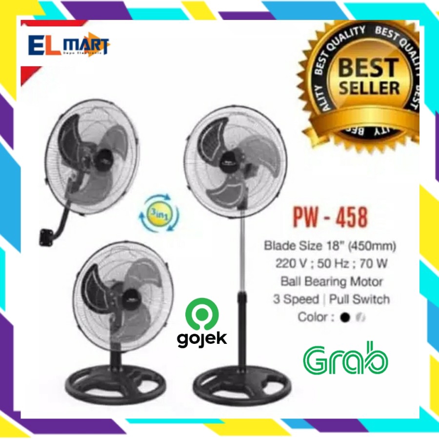 Kipas Angin Maspion Power Fan 3in1 18 inch PW 458 Desk Wall Stand Fan Besi  PW458 Alumunium (Khusus Grab/Gojek)