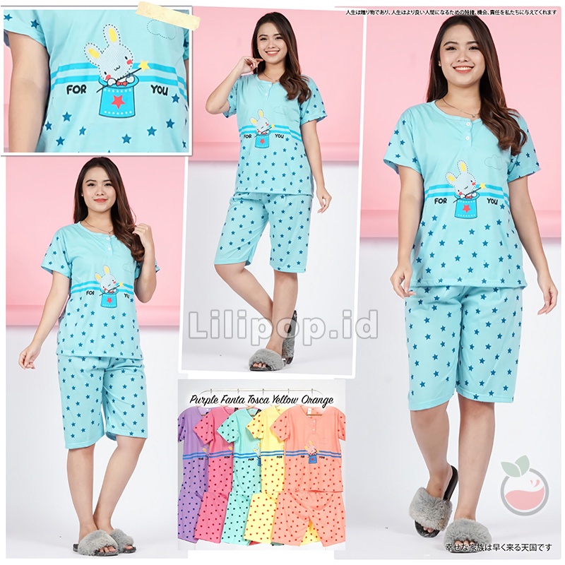 Lilipop.id  Baju Tidur Wanita 3/4 ALL SIZE STANDAR Magic Rabbit Setelan Piyama BabyDoll Kaos Celana Pendek