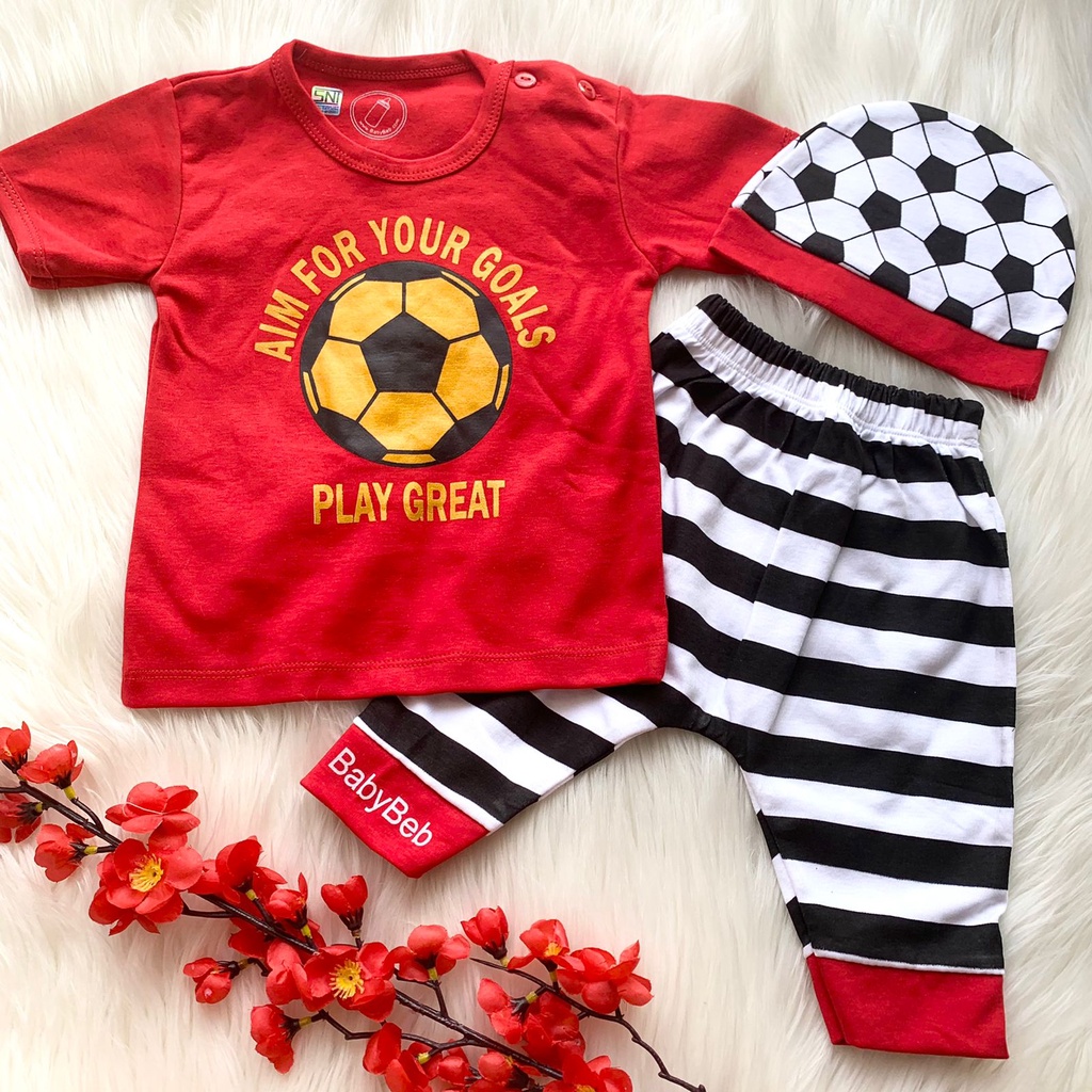 Baju setelan kaos celana topi gambar bola lucu fashion trend anak bayi cowok laki-laki murah -gre