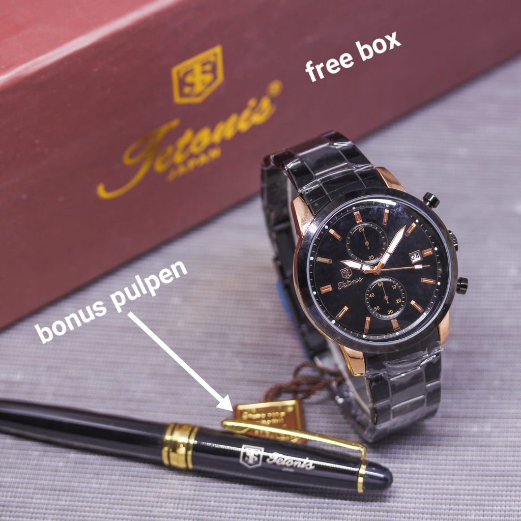 Jam Tangan Pria Tetonis Original E52352V Dual Time Tali Rantai Tanggal Hari Aktif Free Box Exclusive Pulpen &amp; Baterai