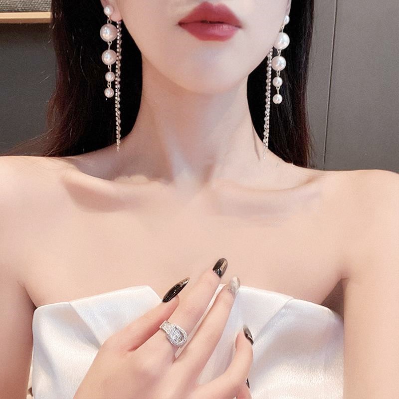 Anting S925 Silver Needle Model Rumbai Panjang Aksen Mutiara Gaya Korea Untuk Wanita