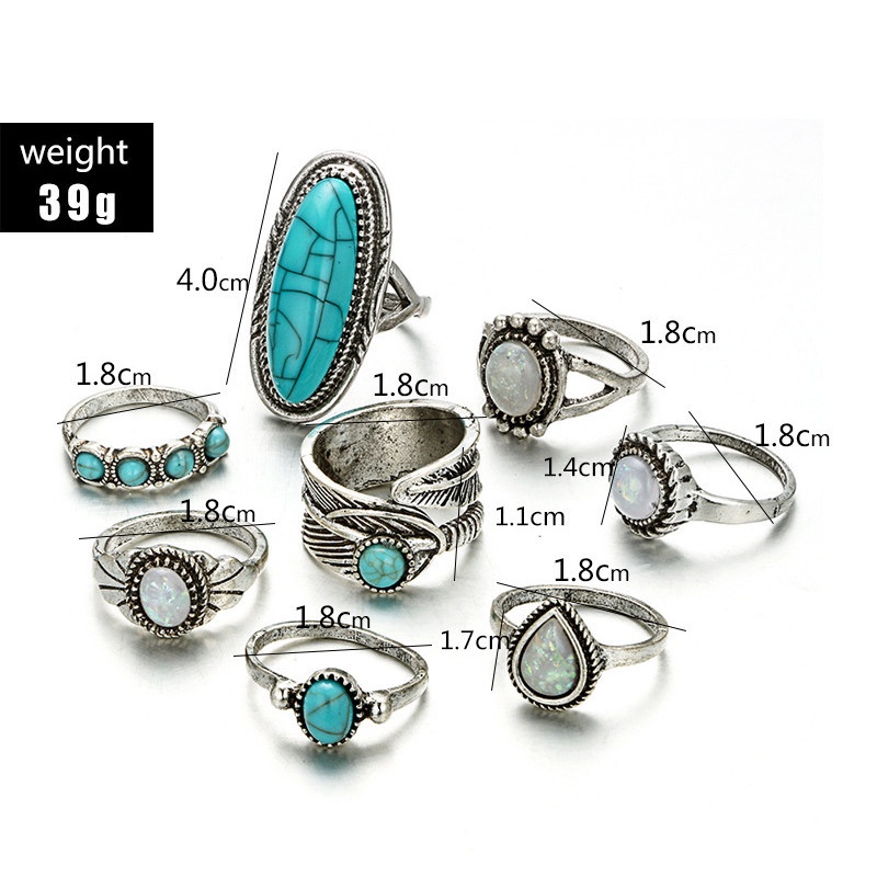 8pcs / Set Cincin Desain Ukiran Bulu Aksen Turquoise Gaya Bohemia Untuk Wanita