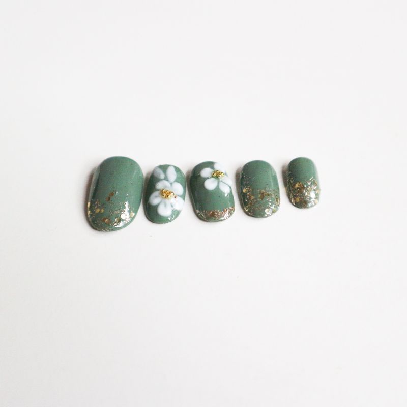 kuku palsu nail art green sage hijau pastel marble press on wedding glamor custom size ukuran