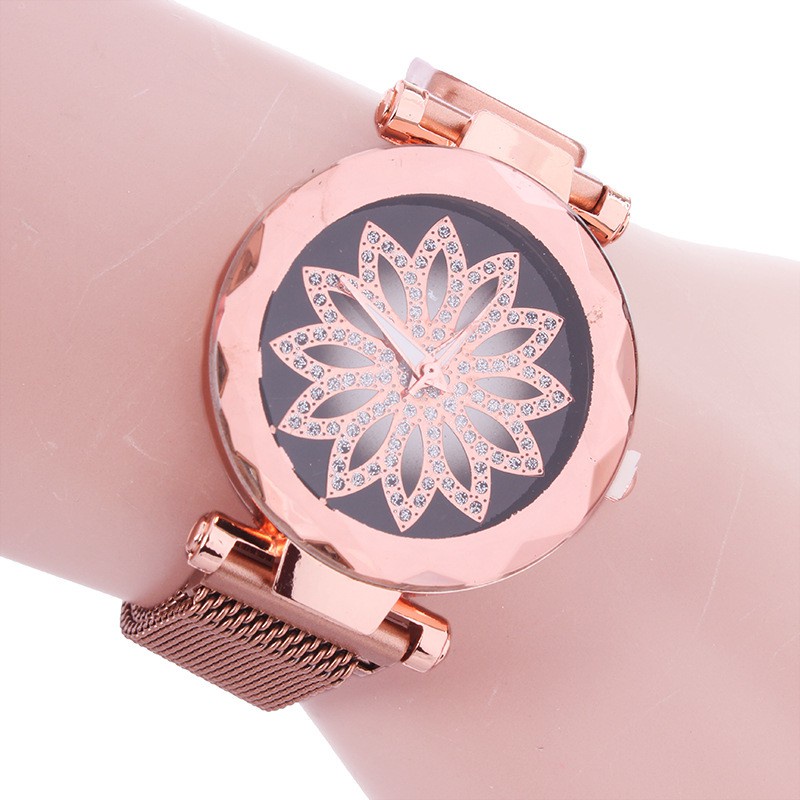 FYGALERYSURABAYA J158 Jam Tangan Perempuan Motif Bunga Glitter Rantai Magnet Woman Flower Watch Fashion
