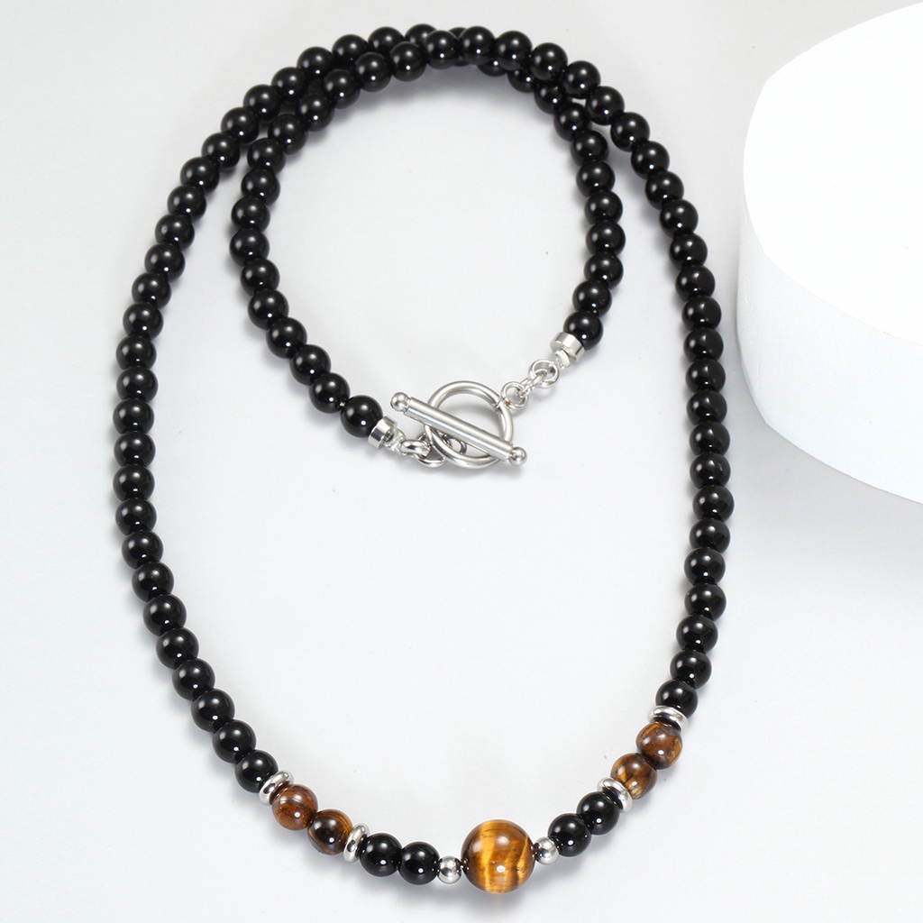 Kalung Manik-Manik Batu Vulkanik Tiger Eye Bahan Stainless Steel Ukuran 8mm / 6mm Untuk Pria