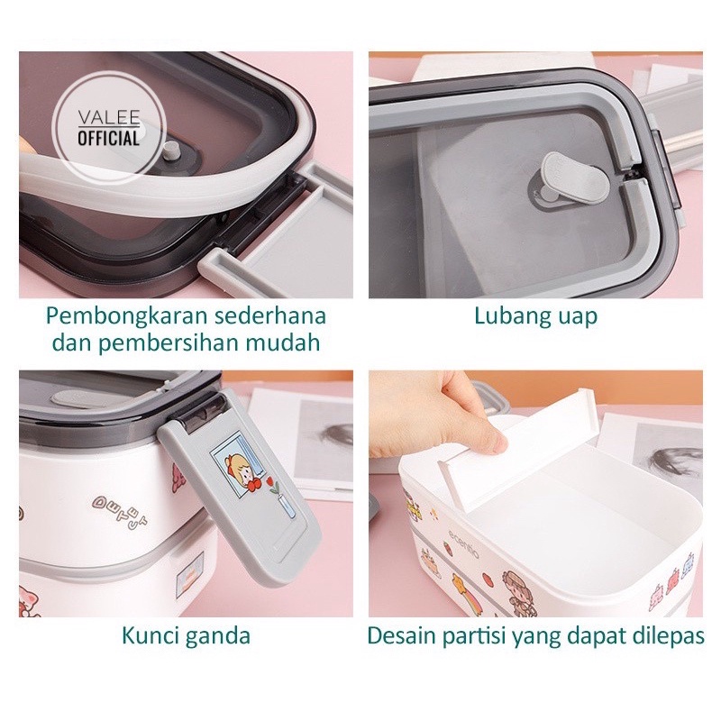 kotak makan lunch box tempat bekal 2 susun 1600ml anti bocor lunch box anti tumpah/free Alat Makan