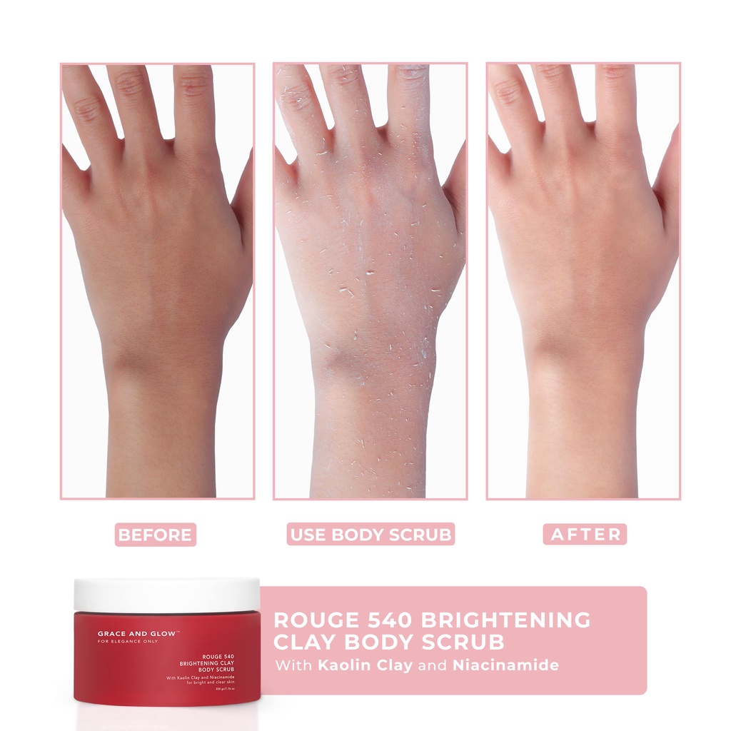 Grace and Glow Rouge 540 Brightening Clay Body Scrub 220 gram - Masker Scrub Badan untuk Mencerahkan dan Mengangkat Sel Kulit Mati with Kaolin Clay + Niacinamide【BPOM】