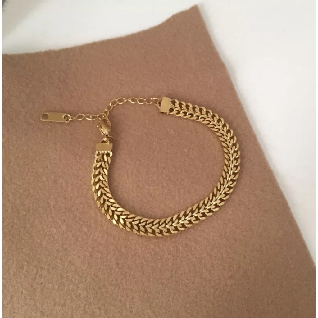 Gelang Rantai Kuba Lapisan Ganda Warna Gold