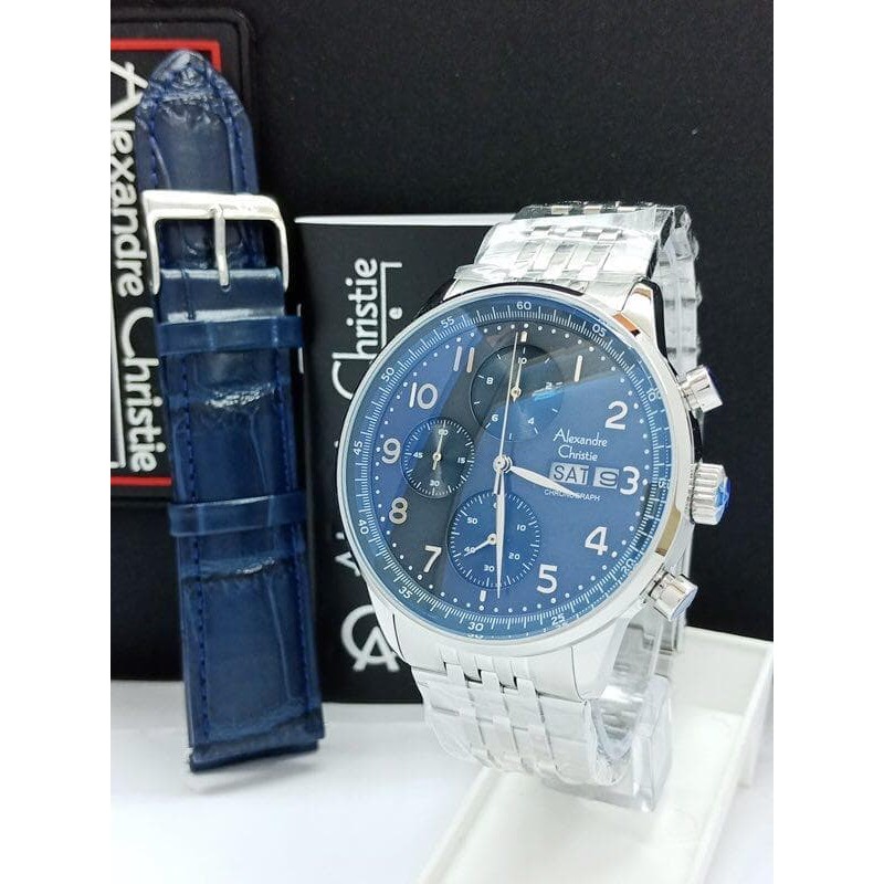 Jam tangan pria alexandre christie AC 6492MC FULL SILVER PLAT BIRU