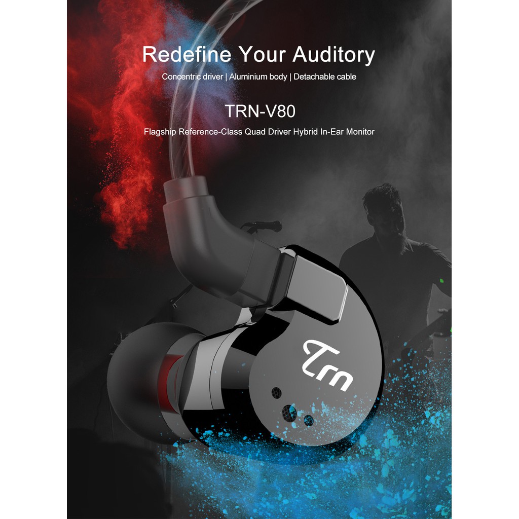 TRN V80 IEM Earphone 2BA 2DD Hybrid HIFI Sport with MIC