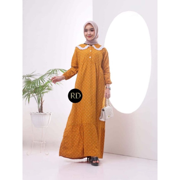 gamis muslimah terbaru poky dress bahan rayon super premium motif polka ld 110