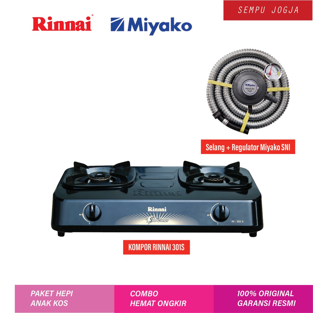 Kompor Gas Rinnai RI-302S 2 TUNGKU + Selang Gas + Regulator Miyako Kompor Sun Burner RI302S