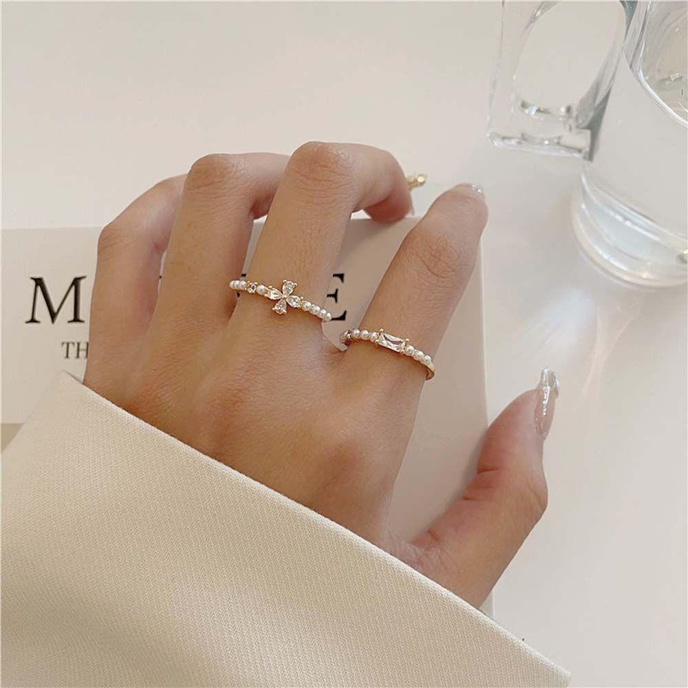 MXBEAUTY Cincin Mutiara Hadiah Gadis Minimalis Elegan Dengan Zirkon Lady Perhiasan Pesta Pernikahan Geometris Rings