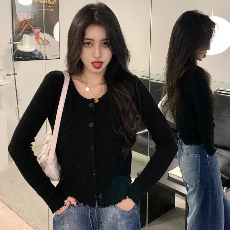 korea warna solid leher bulat kardigan rajut lengan panjang crop top fashion Atasan wanita