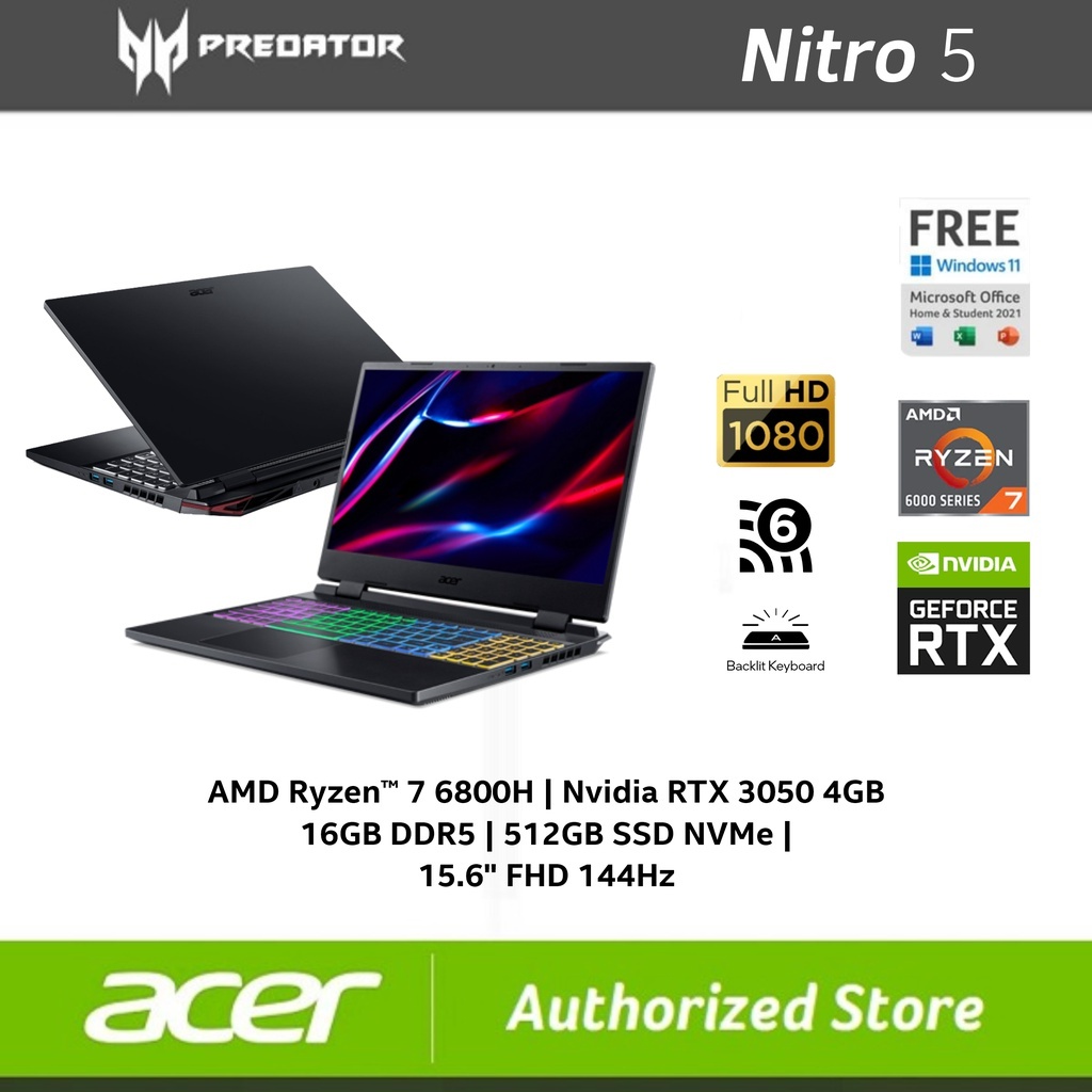 ACER Nitro 5 AN515-46 AMD RYZEN 7-6800H RTX3050 DDR5 16GB SSD 512GB 15.6&quot; FHD 144Hz W11 OHS