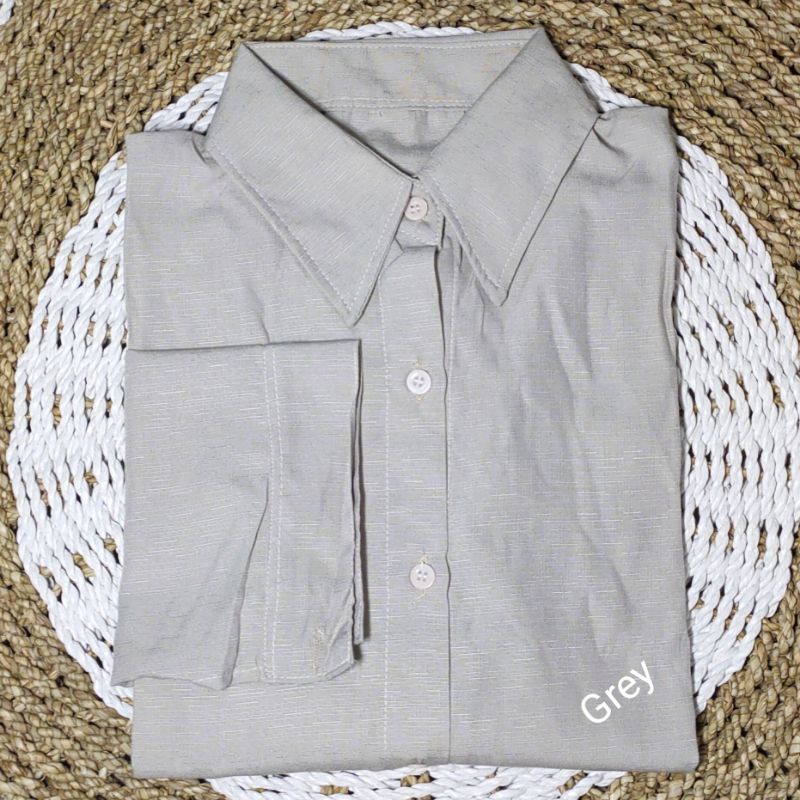 Saku Kemeja Wanita/Blus kemeja linen 2021 Kualitas tinggi Wanita/Atasan wanita kantor Wanita chic lengan panjang-Grey_KMJ Linen
