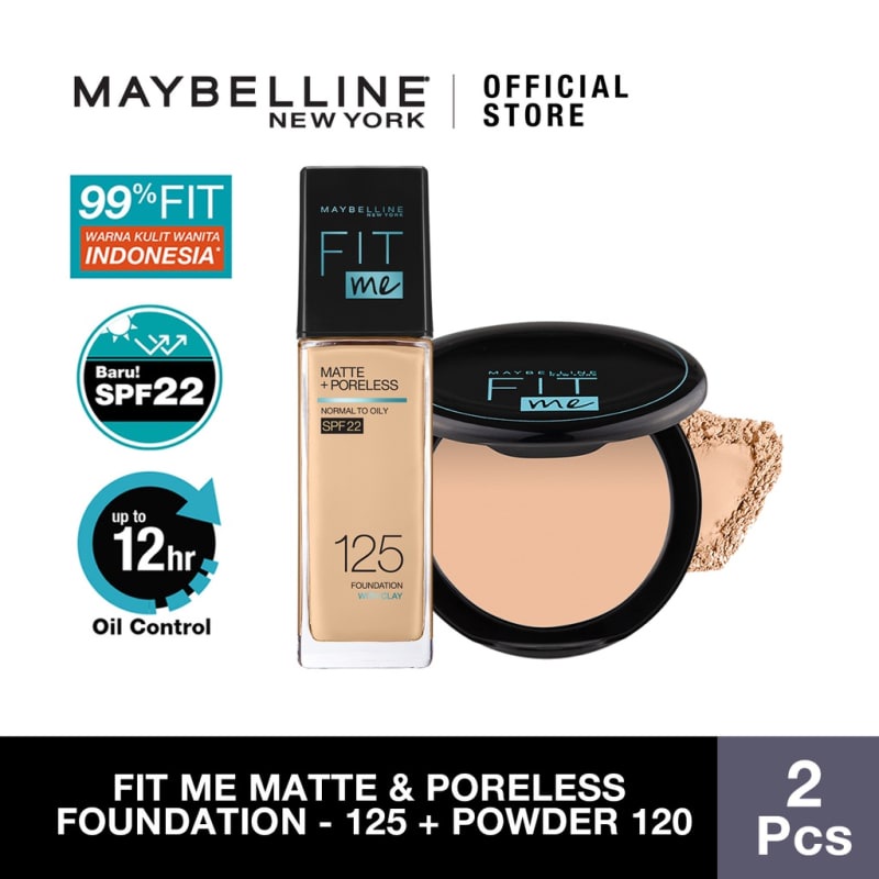 Maybelline Fit Me Matte Poreless Liquid Foundation 125 + Fit Me Oil Control Powder 120-Bedak Make Up