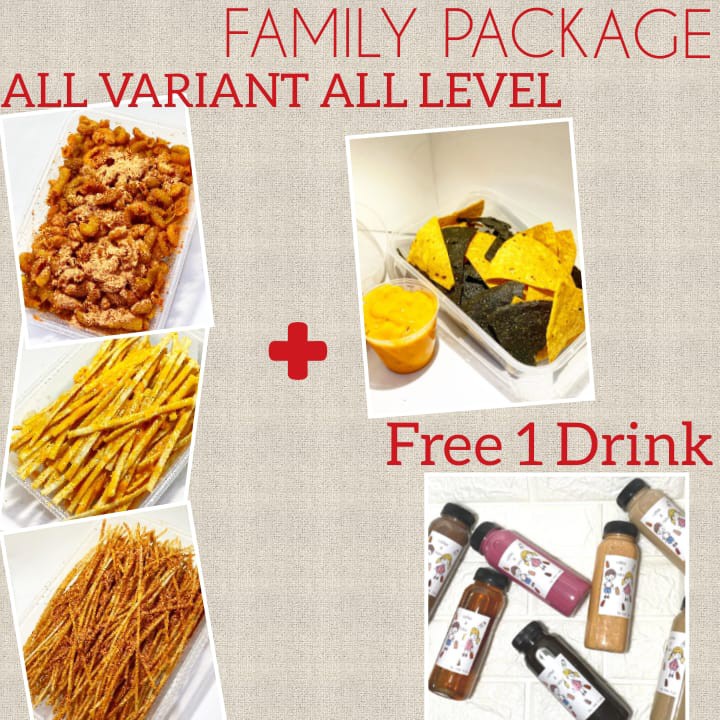 

PROMO FAMILY PACKAGE MAKARONI MIE LIDI LIDI GEPENG NACHOS MAC N JAY