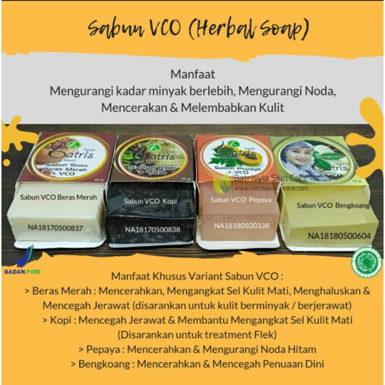 Sabun VCO batrisyia herbal untuk muka cerah anti kusam jerawat aroma kopi, greentea, beras, madu, kefir