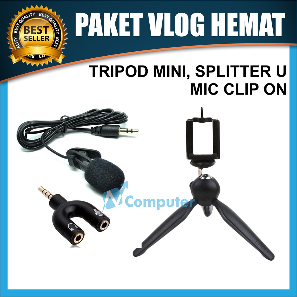 PAKET VLOG HEMAT TRIPOD MINI AUDIO SPLITTER DAN MIC CLIP ON