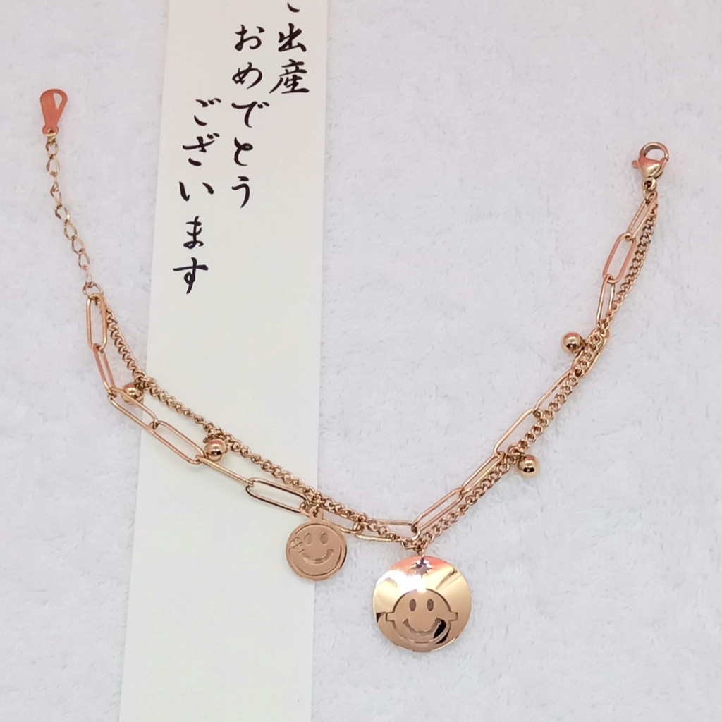 Gelang Titanium Aksen Wajah Baby Double Layer Rose Gold dan Gold 18K