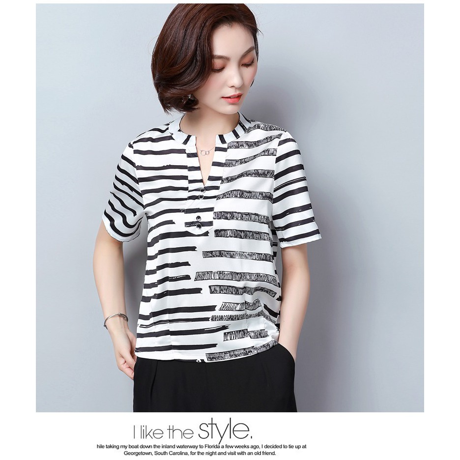 Bluse Import Gaya Korea Atasan Lengan Pendek Garis-garis Hitam Putih TF35279