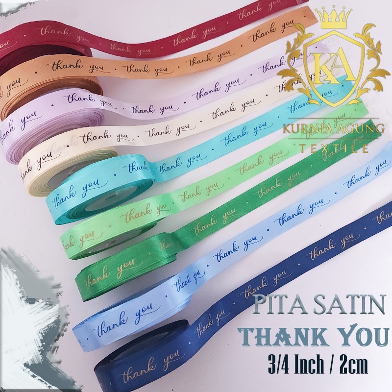 Pita Satin Tulisan ( THANK YOU ) Terima Kasih  meteran / Pita satin ukuran 2cm ( 3/4 Inch ) Hias Dekorasi Buket Pita Kado Party Birthday