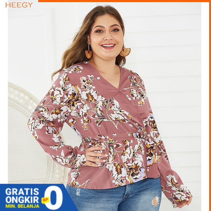Blouse Jumbo XL, 2XL, 3XL, 4XL Floral Print V Neck Lengan Panjang Untuk Wanita