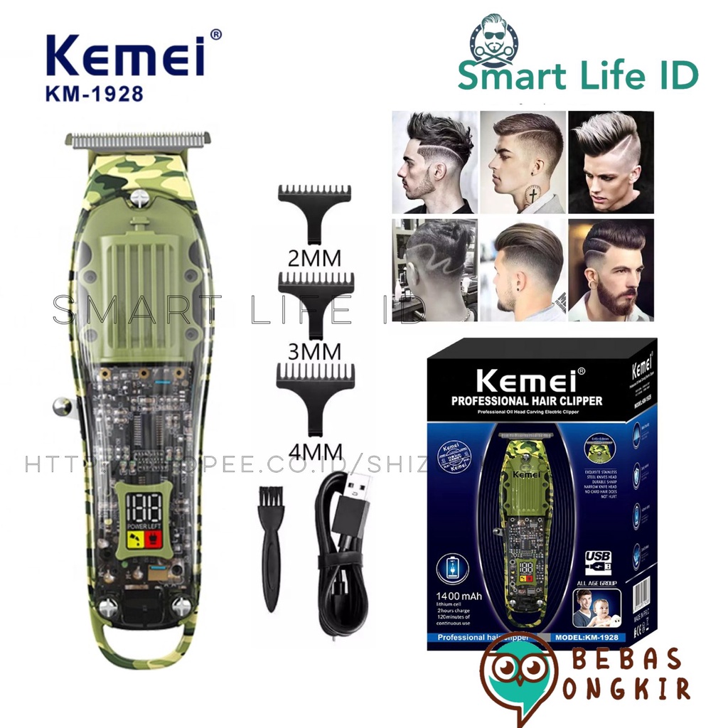 Alat Cukur Rambut Kemei Professional Hair Clipper Detailer Trimmer Elektrik Army Transparan LCD Display Mesin Cukuran Kemei KM 1928