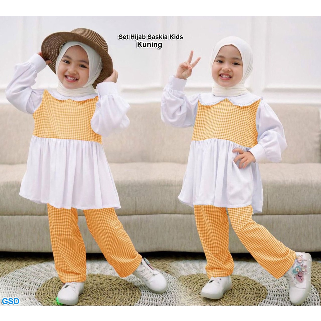 Set Hijab Saskia Kids/Baju Muslim Anak Perempuan / Setelan Baju &amp; Celana Kotak Kotak GRATIS Hijab Instan Anak / Set Hijab