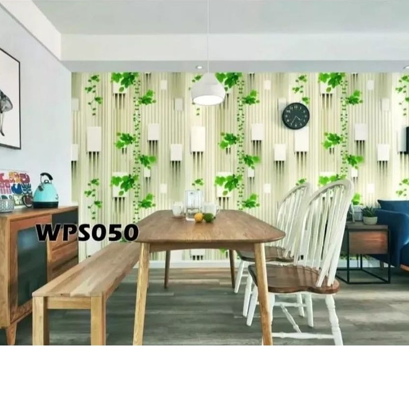 Wallpaper Sticker Dinding Bata Daun Hijau Dasar Coklat Panjang 10Meter x Lebar 45cm