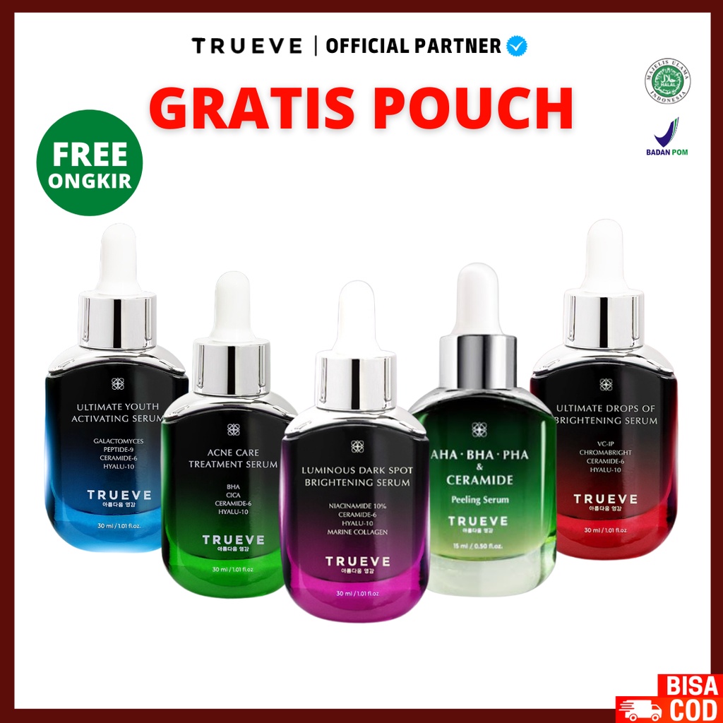 [ Agen Resmi ] Trueve Serum Niacinamide 10%, Galactomyces Anti Aging, AHA BHA PHA &amp; Ceramide Peeling, Bha Cica Acne, Vitamin C Brightening Serum 30ml Toner 100ml