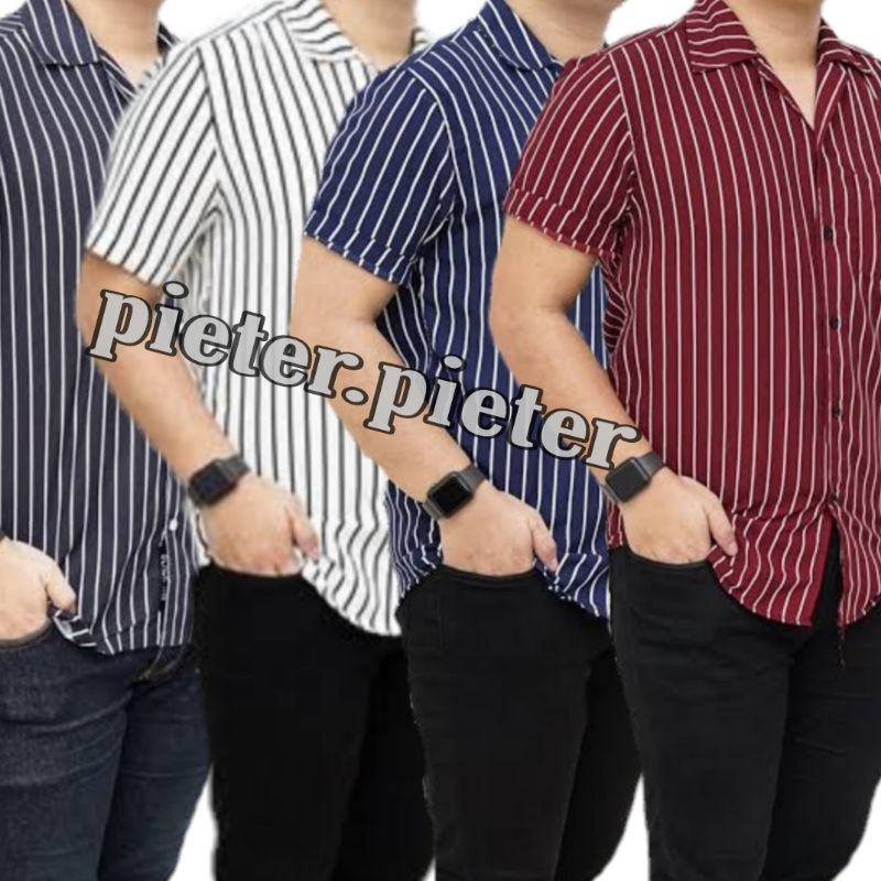 Kemeja salur strip surfing pantai fullprint pria premium lengan pendek
