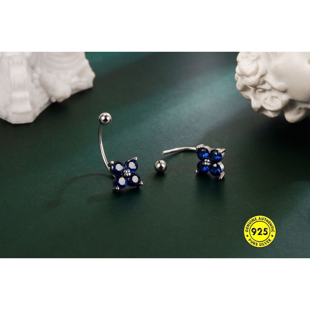 Anting Stud Bentuk Bunga Clover Empat Daun Bahan Zirkon AAA Warna Biru Untuk Wanita