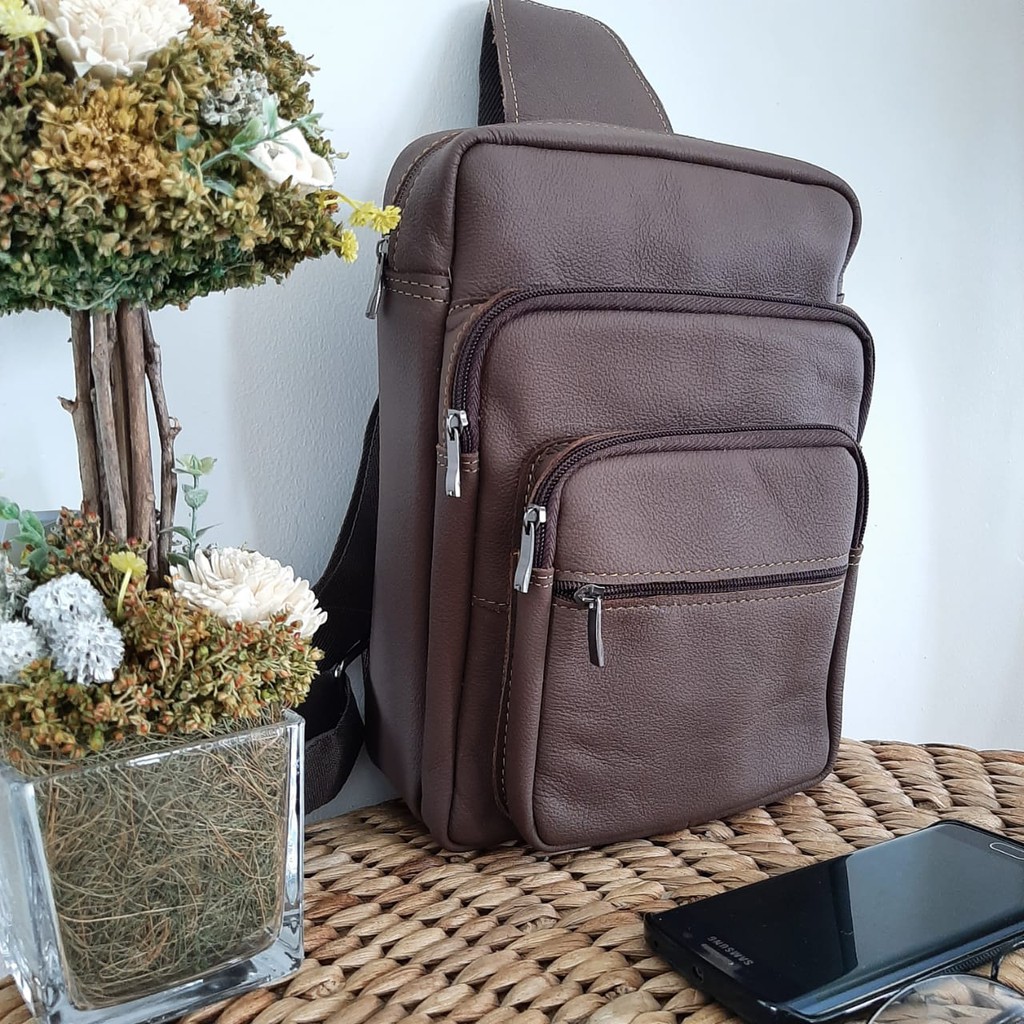 TAS SELEMPANG PRIA KULIT COKLAT MODEL DADA SLING BAG ASLI PAPIRUT