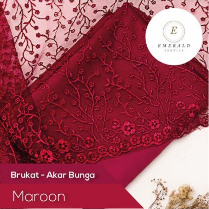 SETENGAH METER Kain Brokat Tile Prancis Bahan Kebaya Motif Akar Bunga - Maroon ( HARGA PER 50cm KAIN )