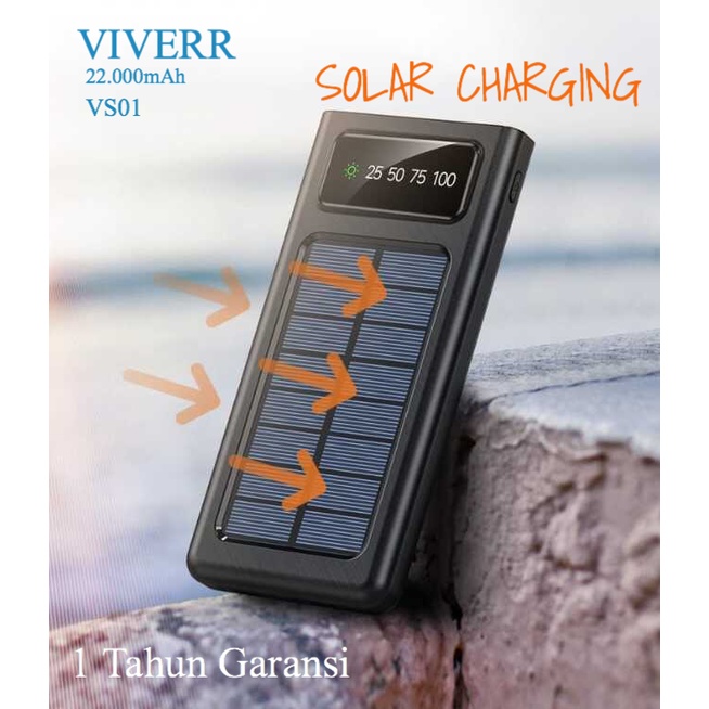 Powerbank VIVERR Solar Type VS01 kapasitas 22.000 mAh Bisa mengisi daya lewat Matahari garansi 1 Tahun.