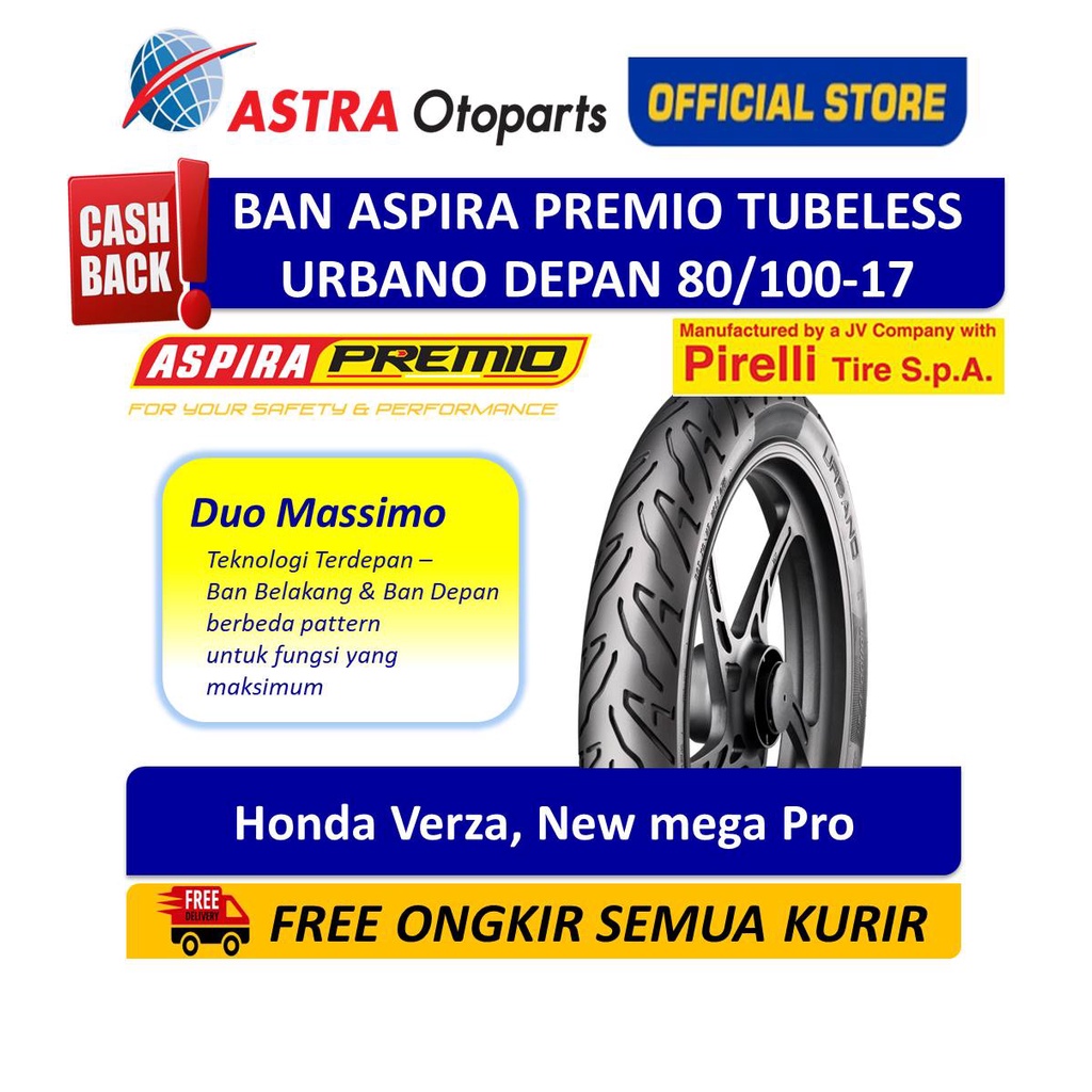 Ban Depan Aspira Premio Urbano Tubeless 80/100-17 untuk Honda Verza, New mega Pro (01-URB-TL80/10017