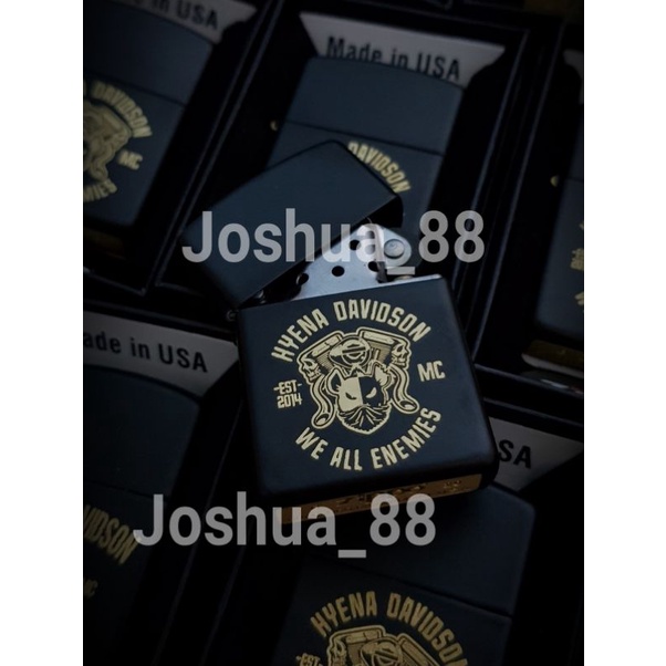 Korek api zippo custom Hyena Davidson black matte bisa pesan logo dan nama sendiri