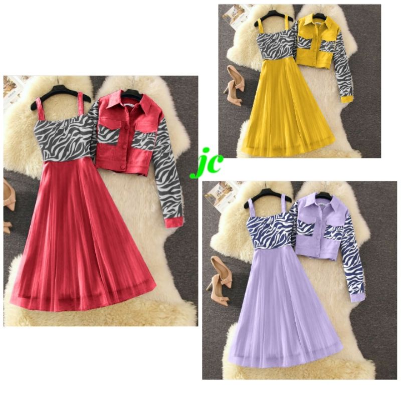 JCTK - Set Gametia / Stelan Dress Wanita / Dress Overall + Outer Fashion Terbaru