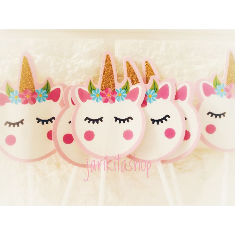 TUSUKAN HIASAN KUE  KERTAS PAPER CAKE TOPPER UNICORN KEPALA TANDUK GLITTER ISI 6  CUPCAKE