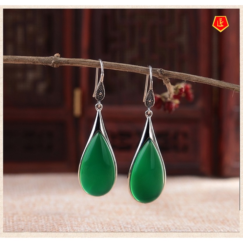 Green Chalcedony Ear Hook Vintage Drop-Shaped Red Garnet Earrings Temperament Hetian Jade Ear Hook