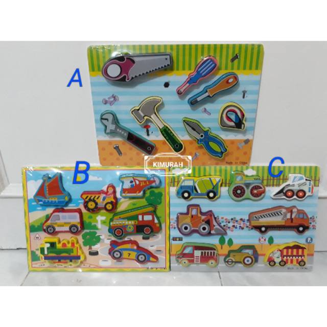 Puzzle kayu timbul tanpa pin knob alat trasportasi / mobil / mainan edukasi