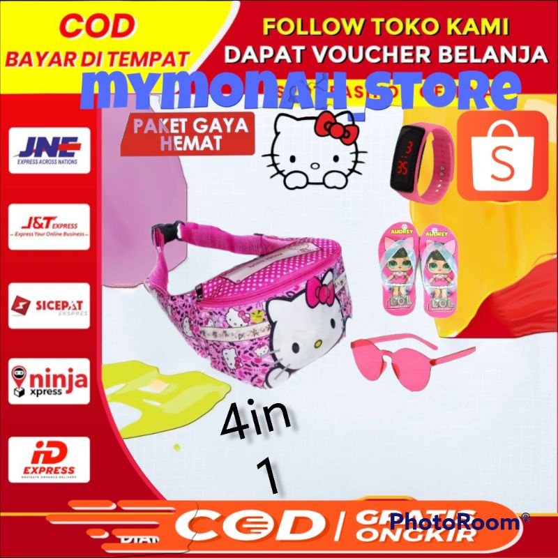 paket hemat perlengkapan anak perempuan /WAISTBAG  jam sendal kacamata