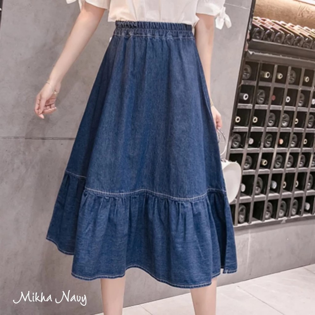 Orimoza Xandra Rok Jeans Panjang Kancing Depan Button Denim Skirt Snow-MIKHA SKIRT NAVY