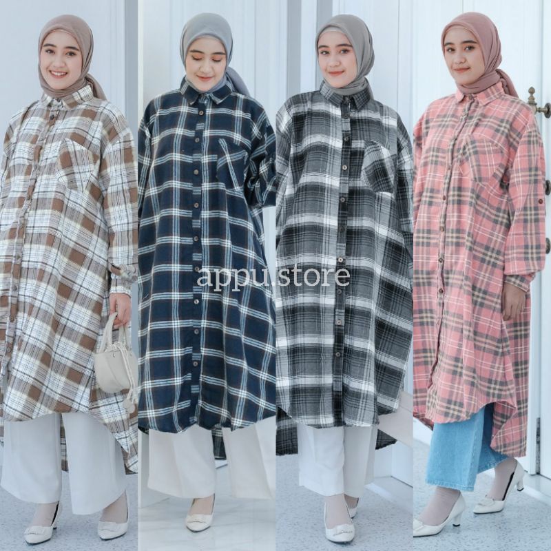 Vente Daily Asma Tunik Jumbo Flanel Import Premium Motif Kotak | Baju Atasan Wanita Muslim Ootd Keki